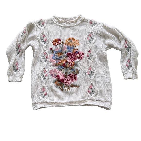 Canary Collection Island Sweaters - Vintage Canary Collection Island Floral Knit Sweater White Ramie Cotton Sz M
